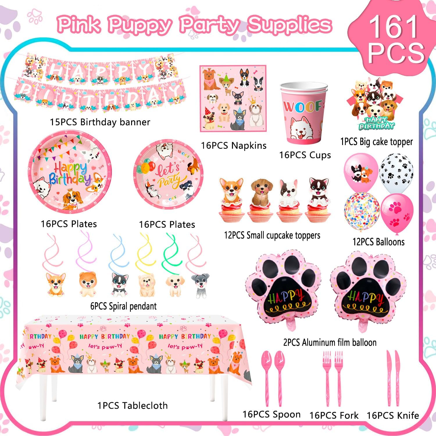 Pink Puppy Birthday Decorations Set for 16 Guests