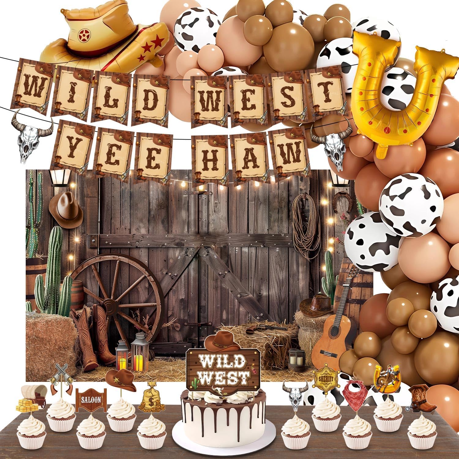 Cowboy Party Decorations Set with Backdrop and Balloons