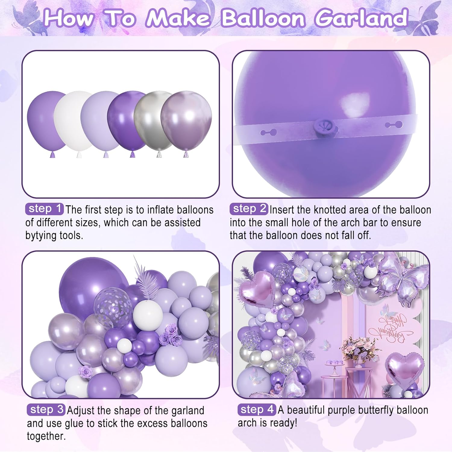 Ouddy Life 171Pcs Purple Butterfly Balloon Arch Kit
