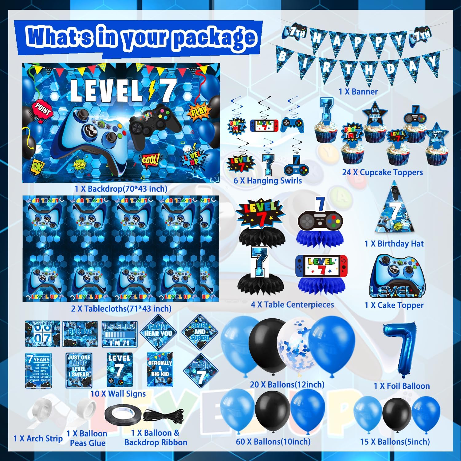 7th Birthday Decorations for Boys - 149Pcs Gamer Party Supplies