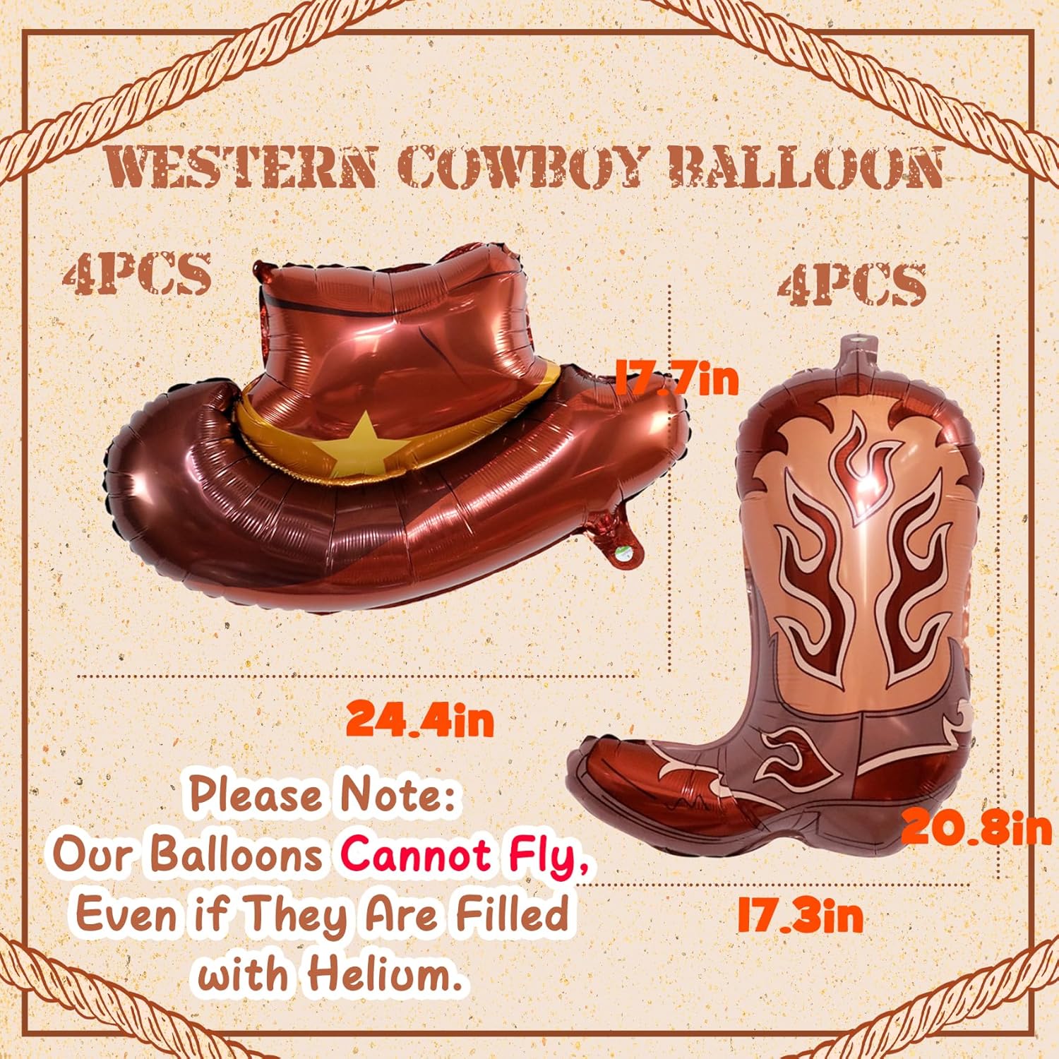 Western Themed 8PCS Cowgirl Hat Boot Balloons