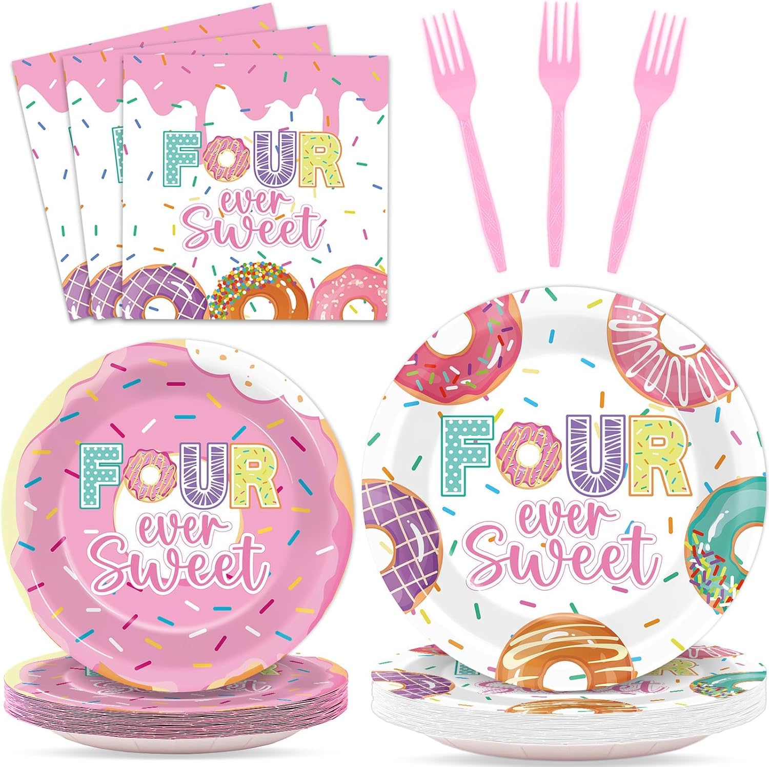 96 Pcs 4th Birthday Donut Party Decor Set