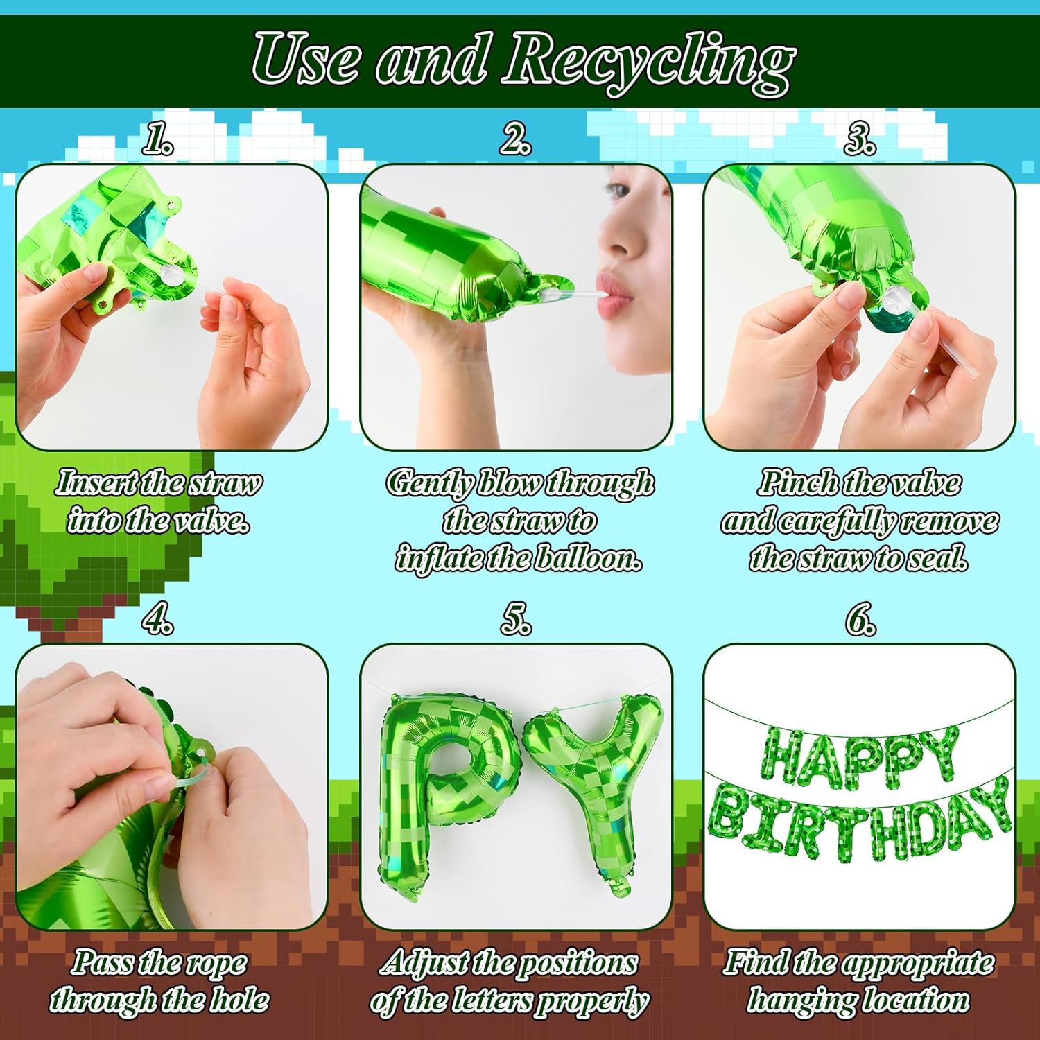 Green Pixel Birthday Banner Decorations Kit