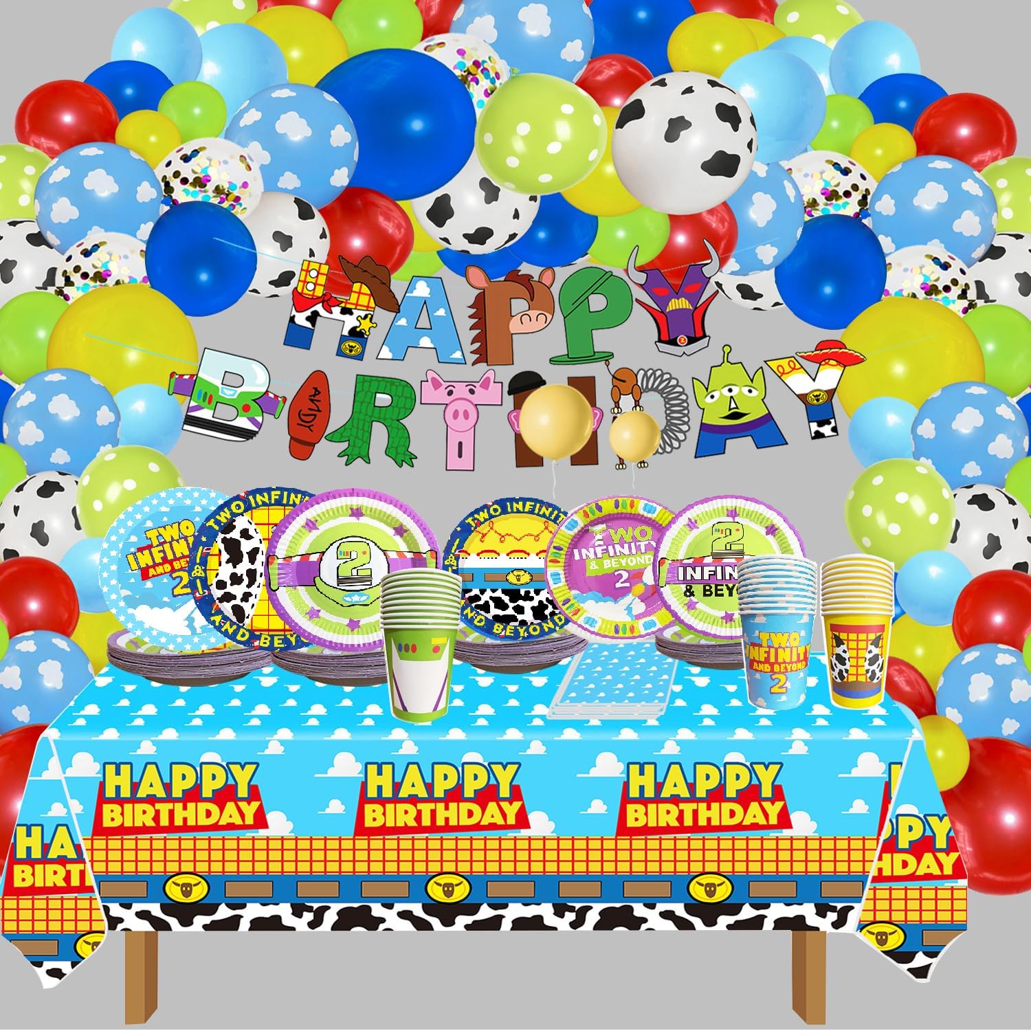 METIXOZE 2nd Birthday Decor 133pcs Cartoon Party Supplies Set