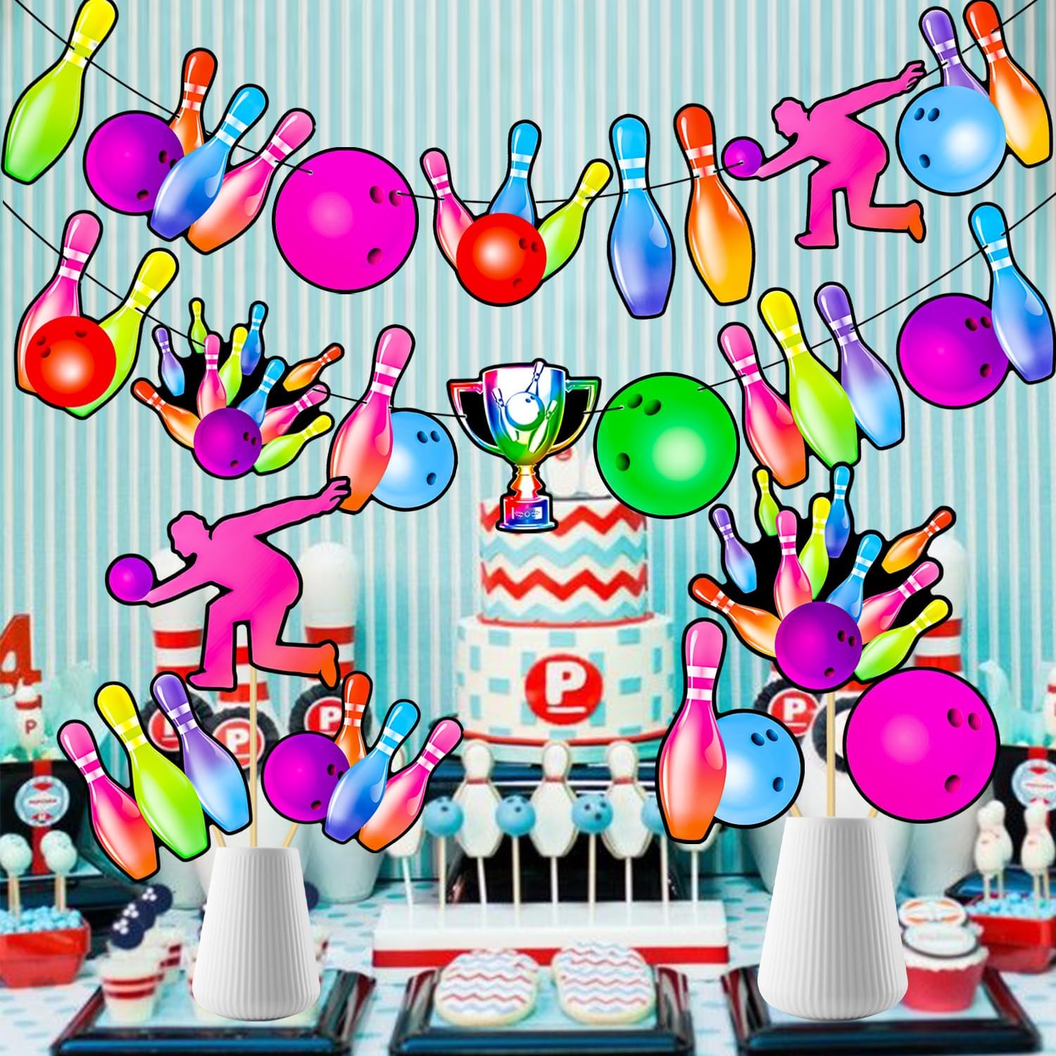 Neon Bowling Party Banners 2PCS Rainbow Birthday Decorations