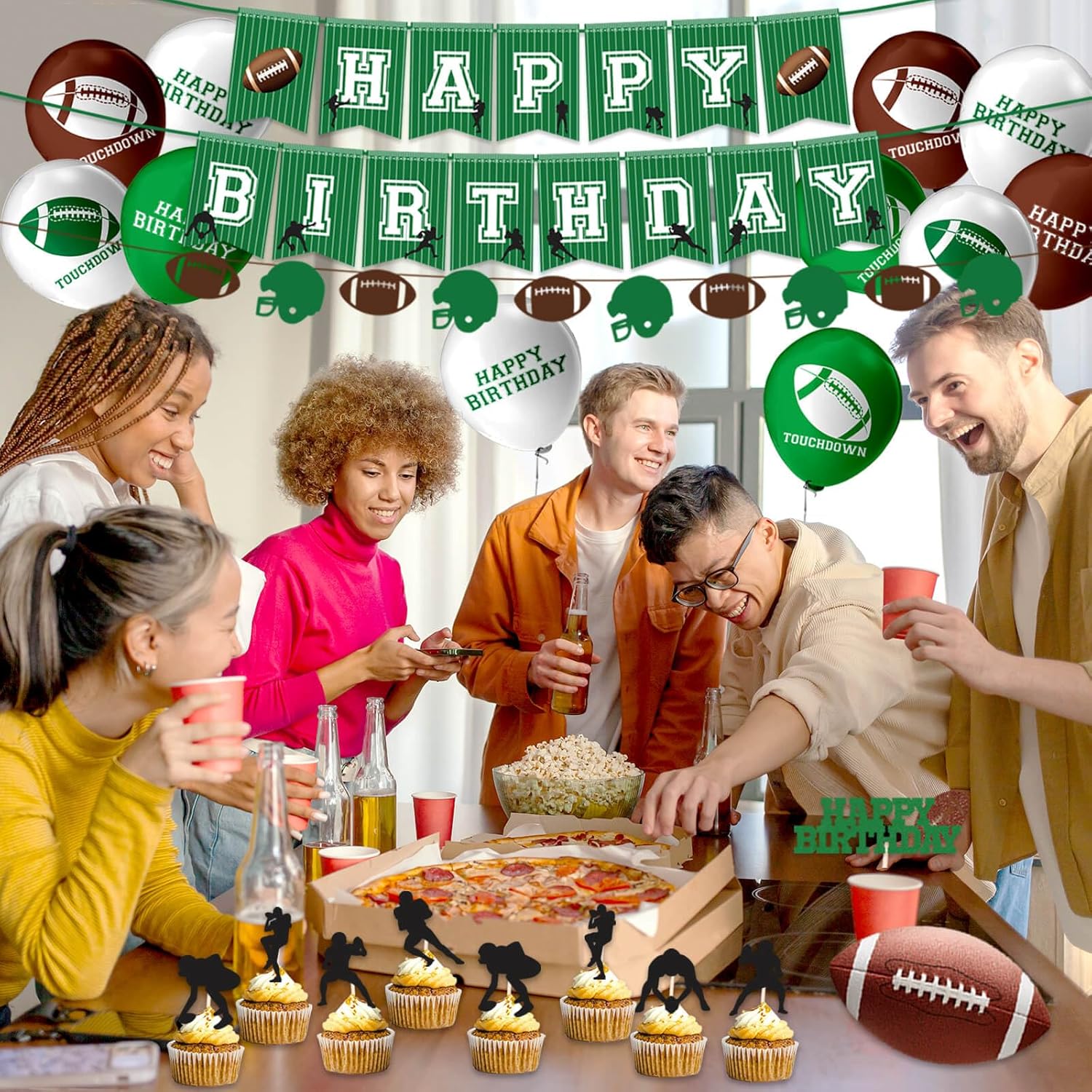 Football Party Decorations Set 18pcs Balloons Banners Cupcake Toppers