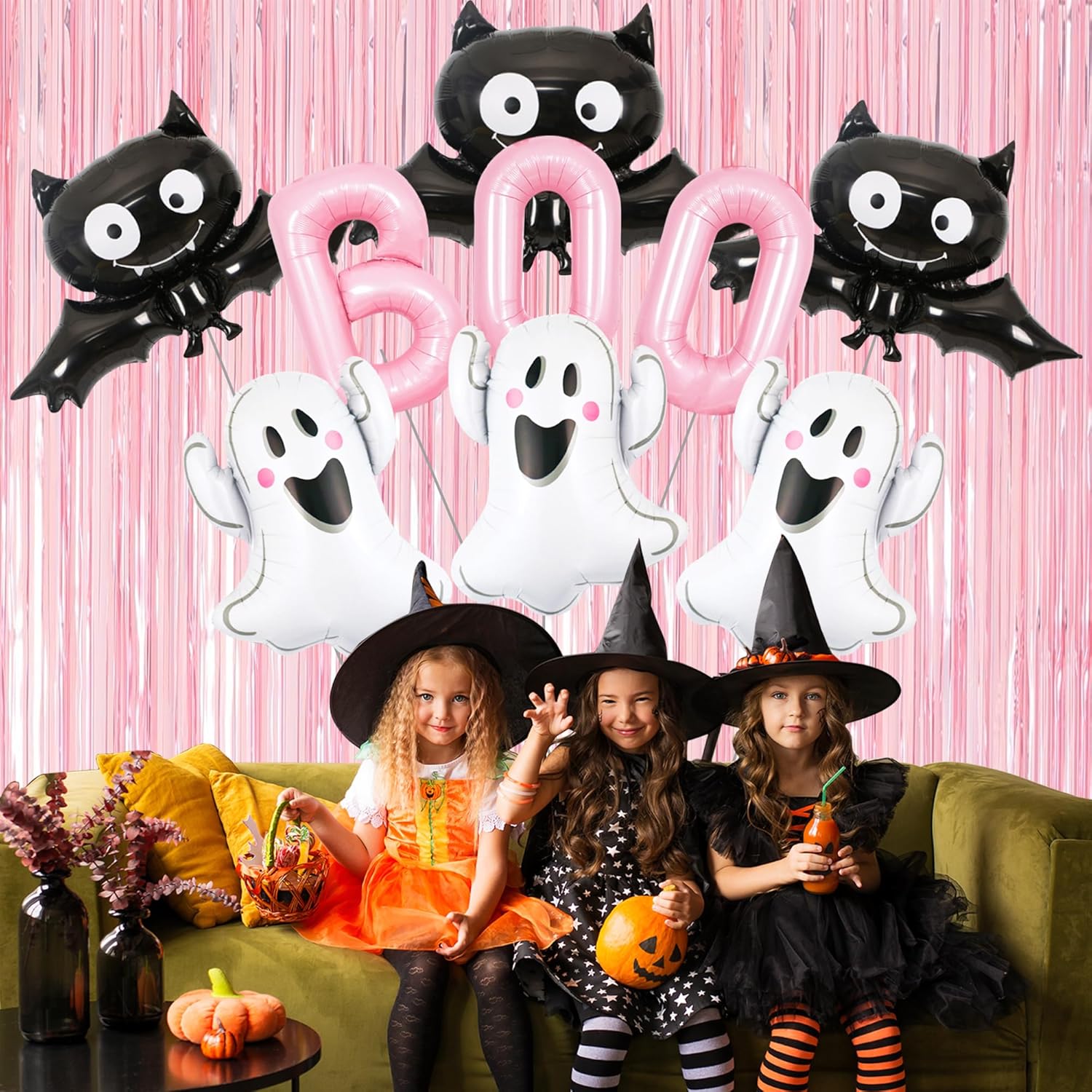 Halloween Party Balloons with Pink Fringe Curtain Set