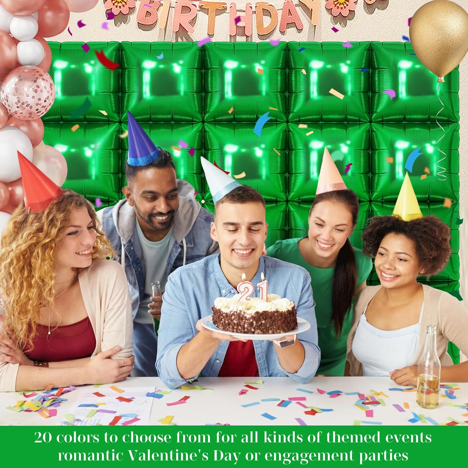 Green Square Foil Balloons 25 Pcs Double Sided Wall Decor