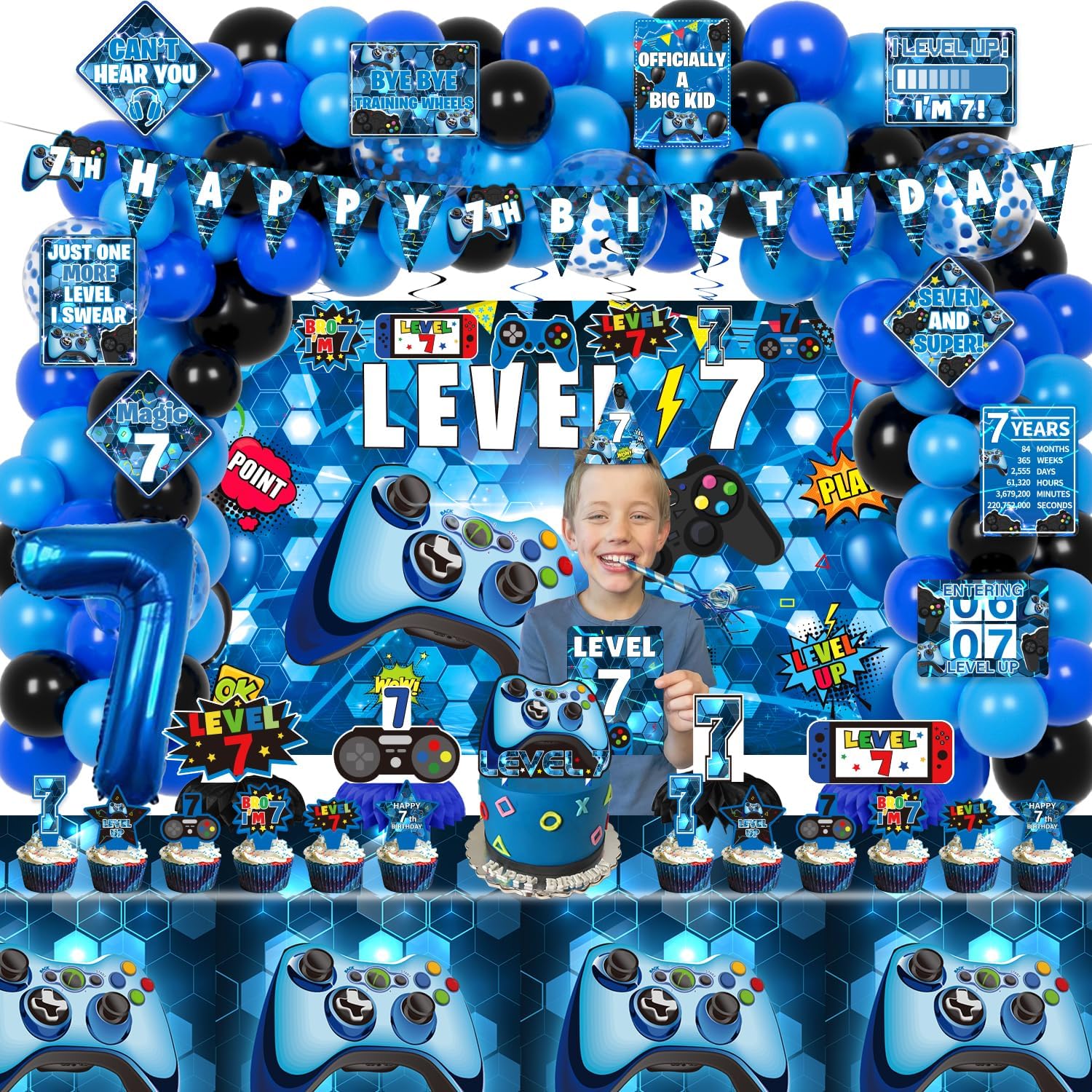 7th Birthday Decorations for Boys - 149Pcs Gamer Party Supplies