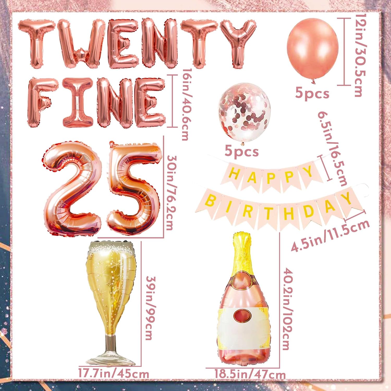 LaVenty Rose Gold 25th Birthday Balloons - Funny Happy Birthday Decoration