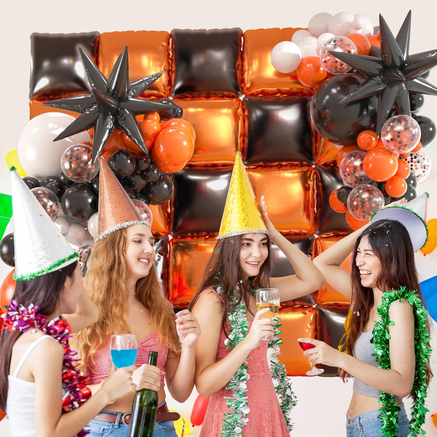 25pcs Black Orange Foil Balloon Wall with Arch Kit