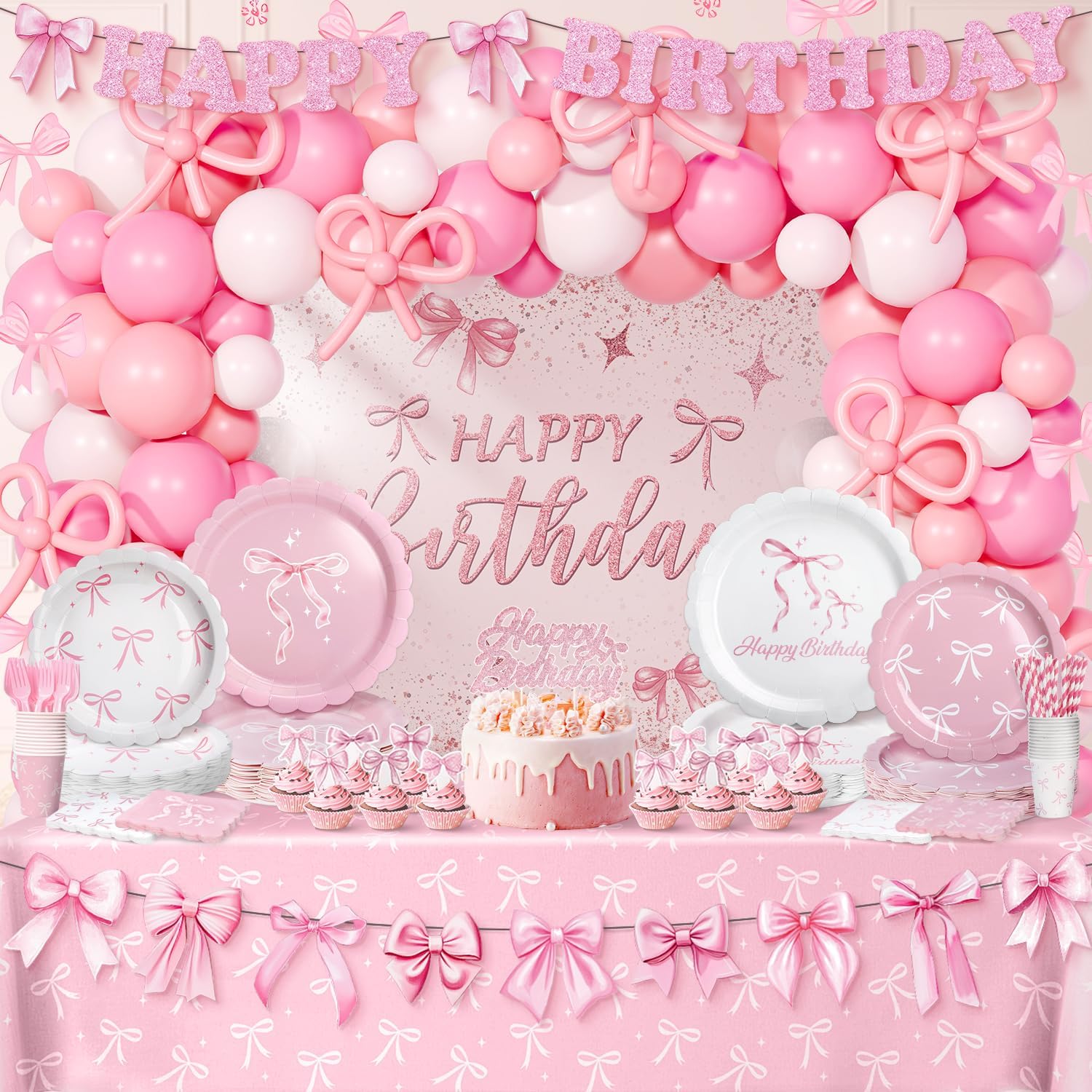 Pink Bow Birthday Decorations for 24 Guests