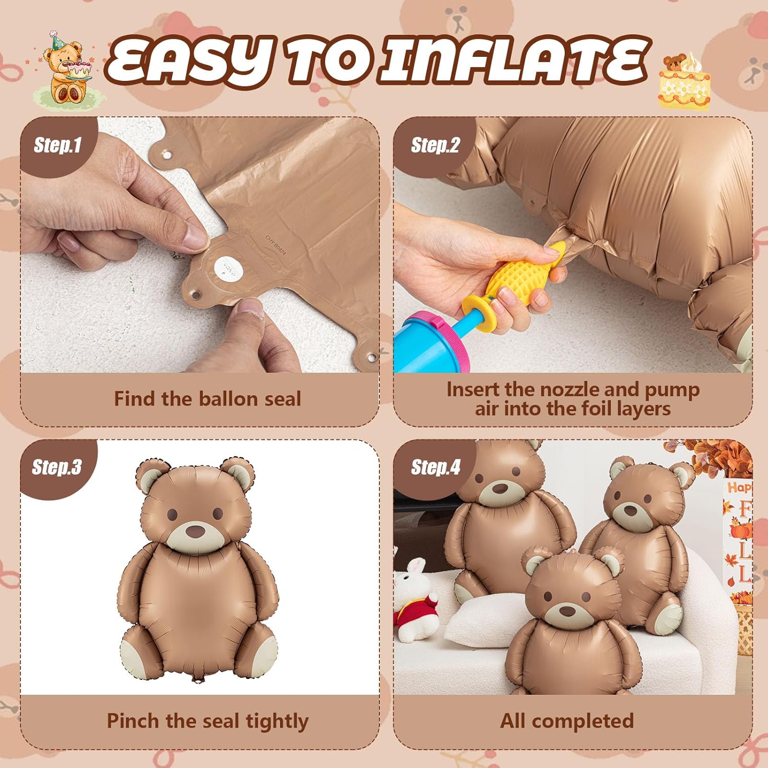 4 Pcs Big Brown Bear Foil Balloons for Birthday Parties