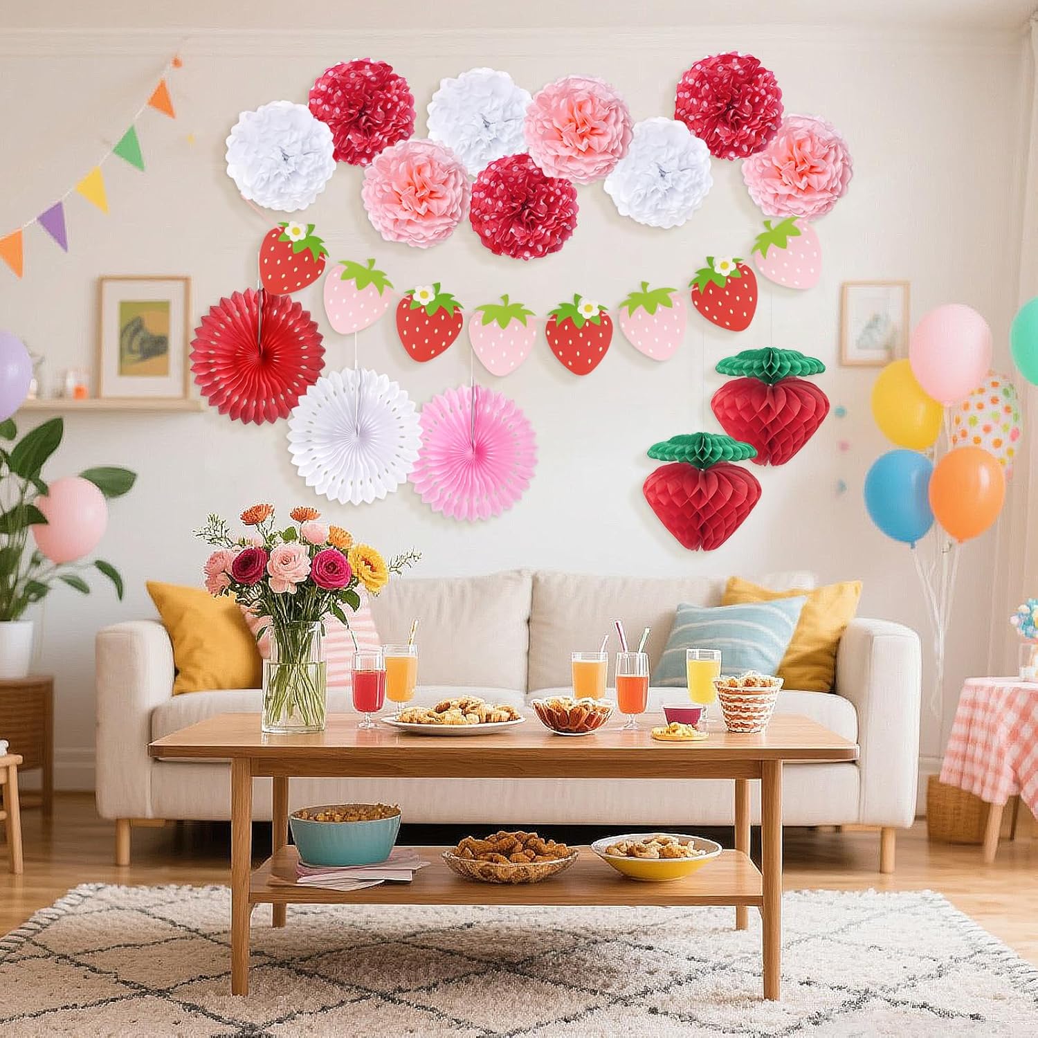 Strawberry Birthday Decorations Pom Poms Fans Honeycomb Balls Garland