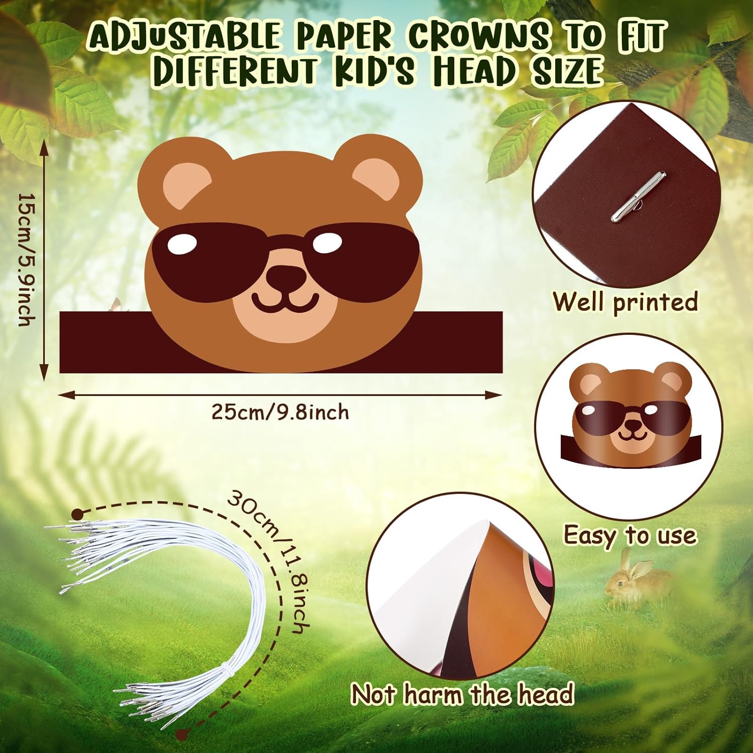 24 Pcs Bear Themed Party Hats with Ropes for Kids Birthday