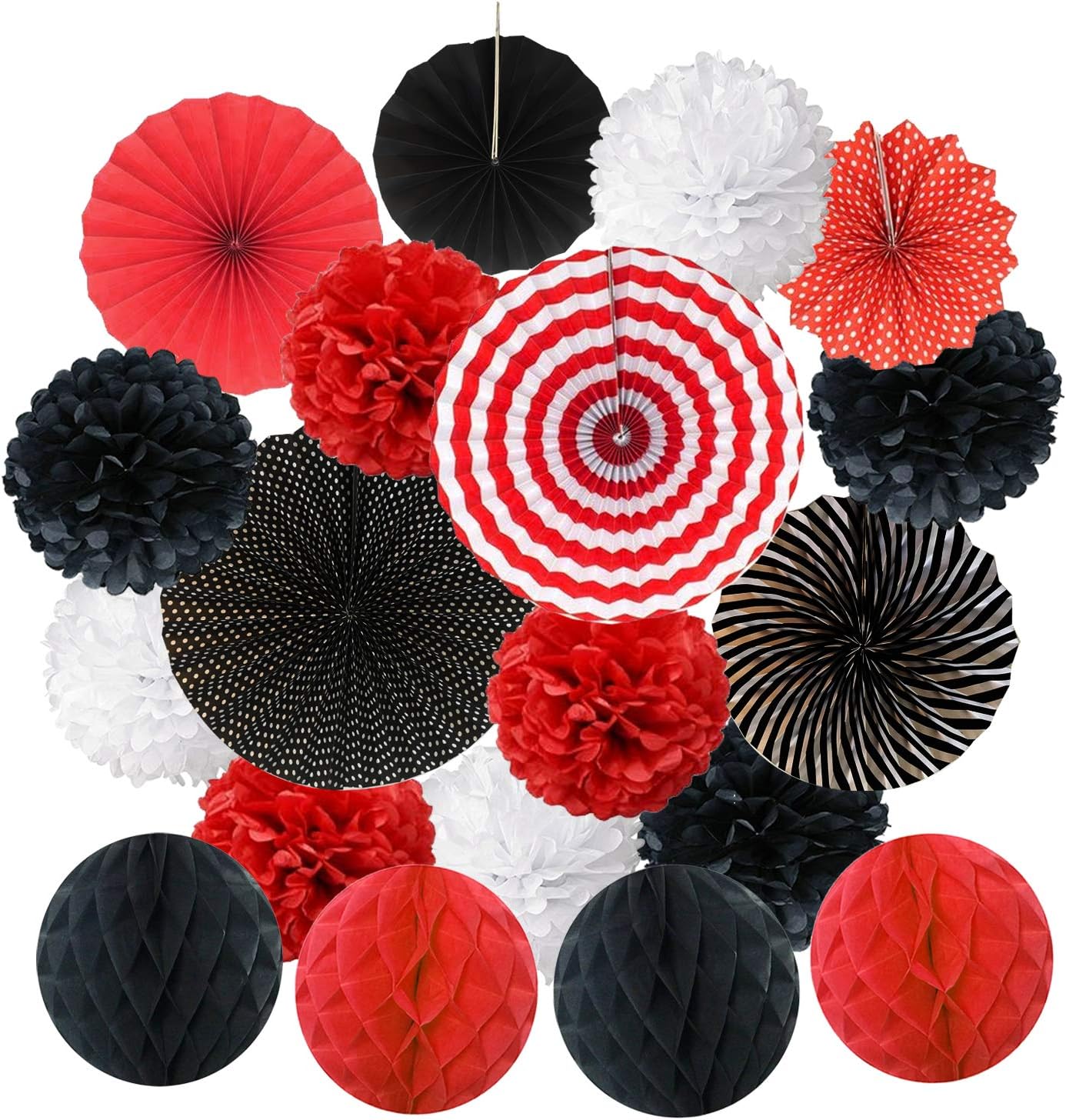 Hanging Paper Fan Set with Pom Poms and Honeycomb Balls