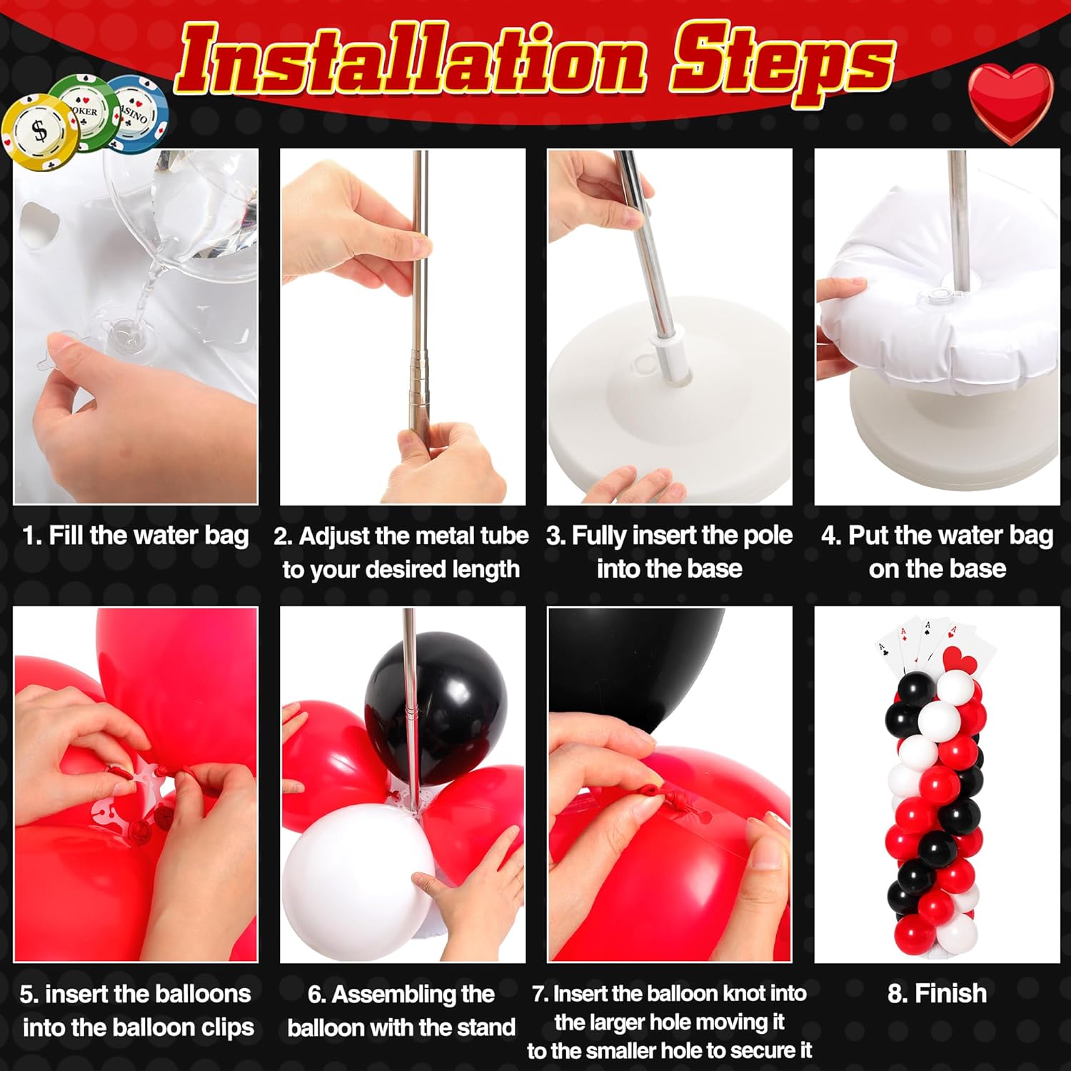 2 Sets Casino Themed Balloon Column Kit with Jumbo Poker Cards