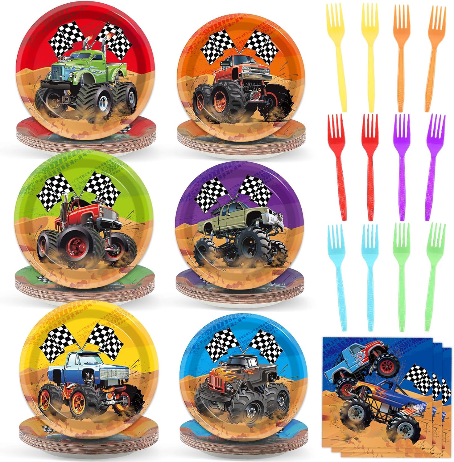 96Pcs Monster Truck Party Plates Napkins Forks for Kids