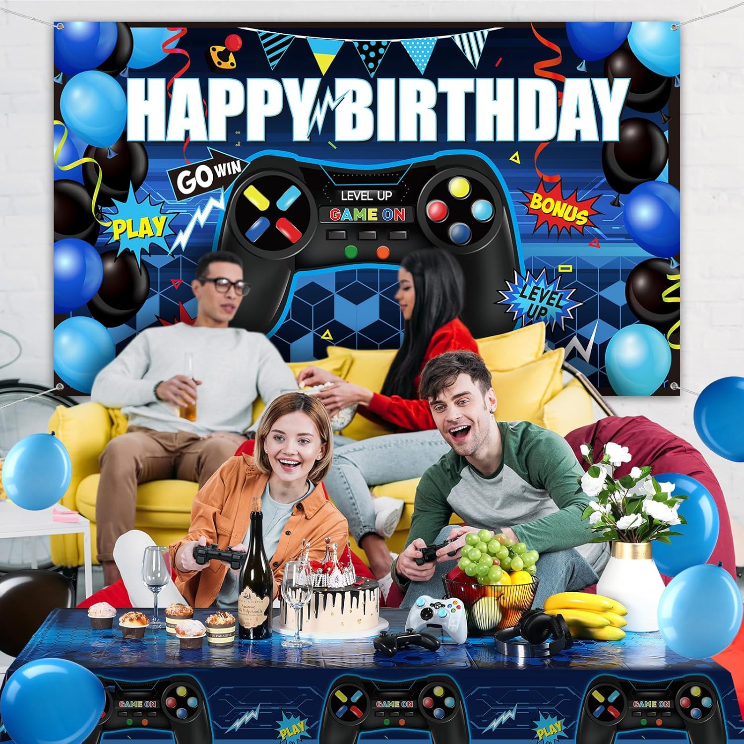 Video Game Birthday Party Decorations Set with Backdrop and Balloons