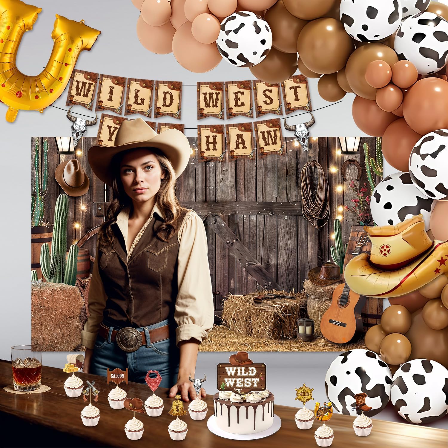 Cowboy Party Decorations Set with Backdrop and Balloons