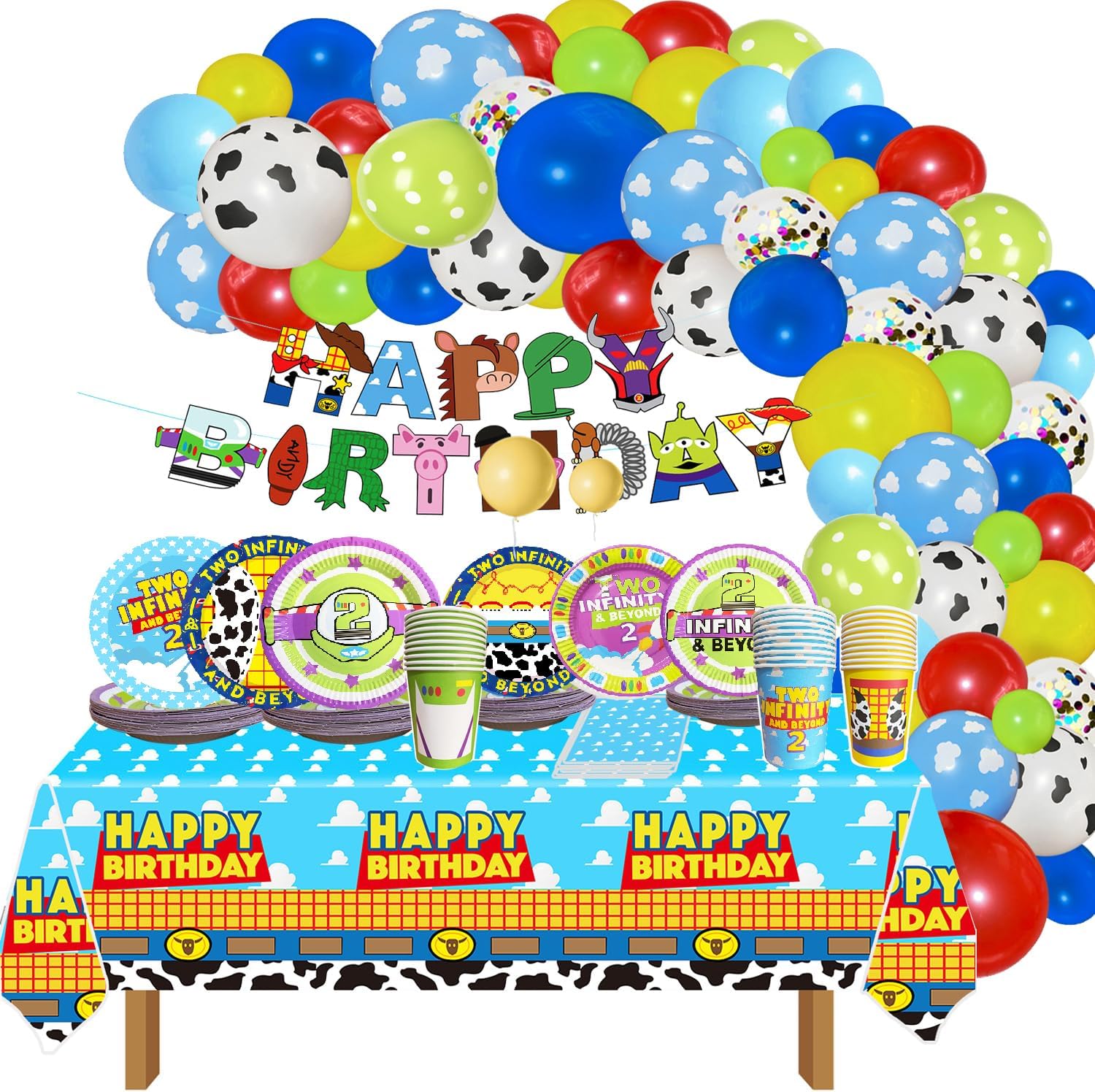 METIXOZE 2nd Birthday Decor 133pcs Cartoon Party Supplies Set