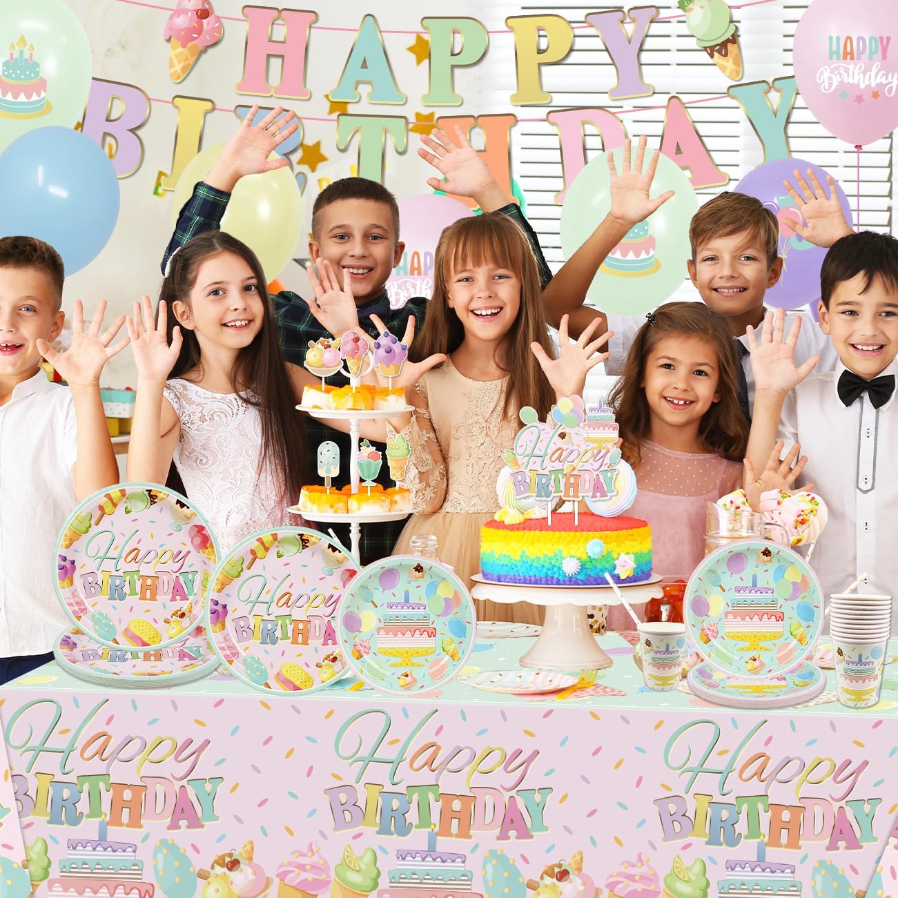 Happy Birthday Decorations Pastel Plates Napkins Tableware Set