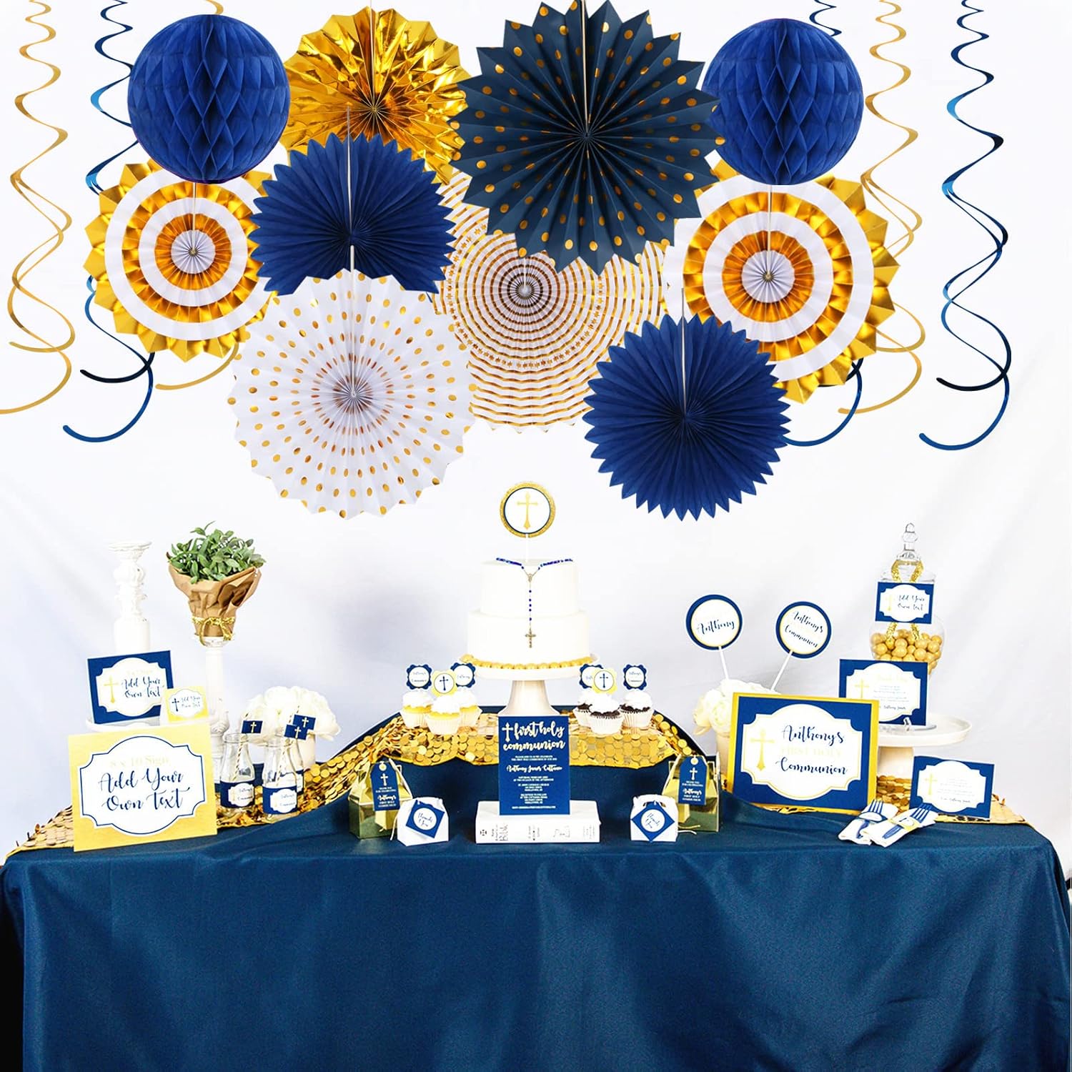 Navy Blue White Gold Graduation Party Decor Kit 33pcs
