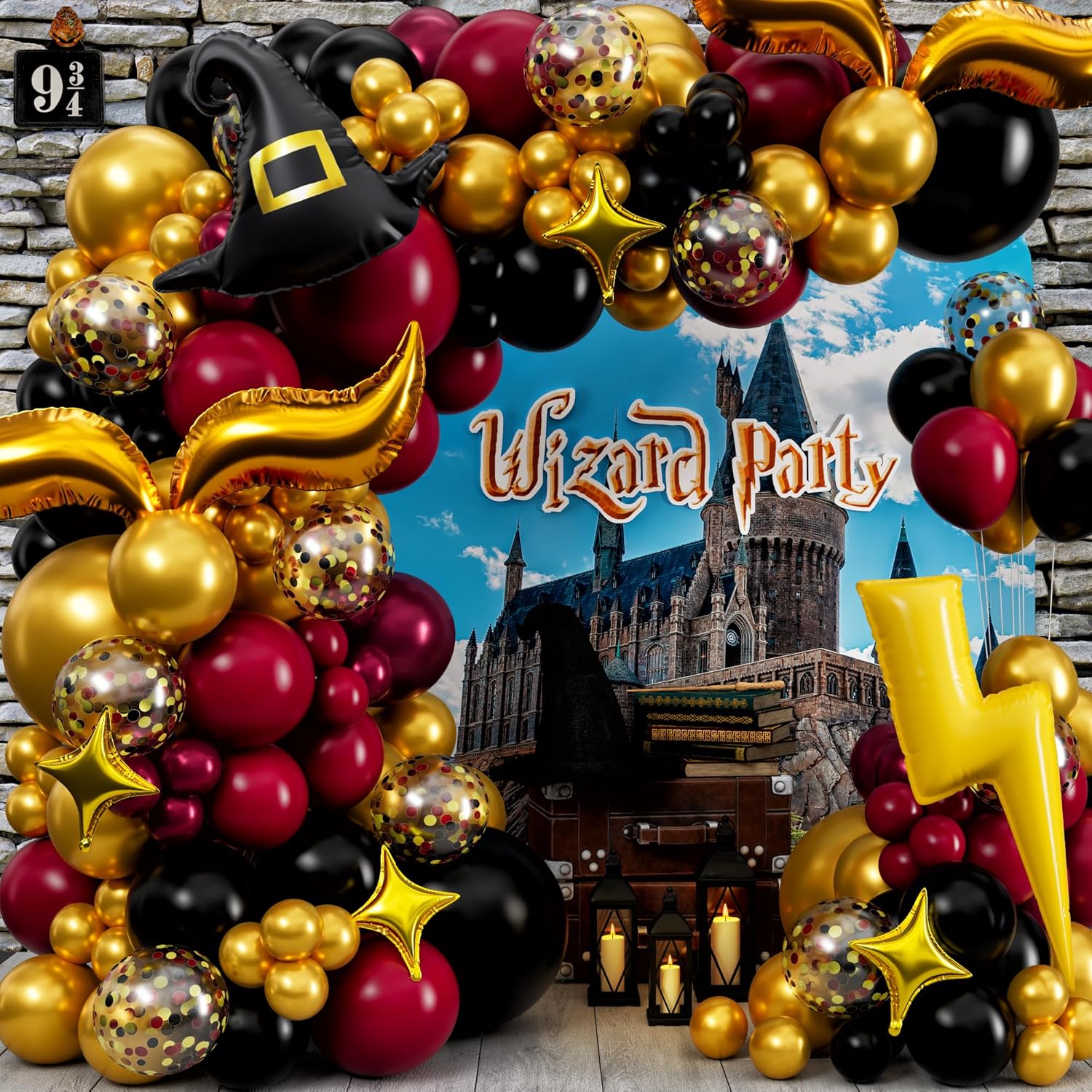 Magical Wizard Balloons Garland Arch Kit with Hat Wings Lightnings Stars