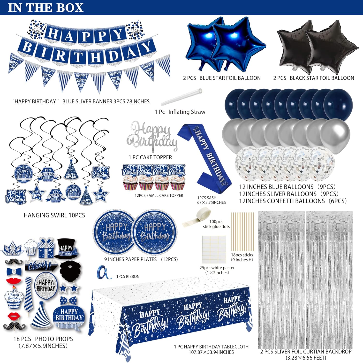 Birthday Decorations for Men Blue - 89pcs Set