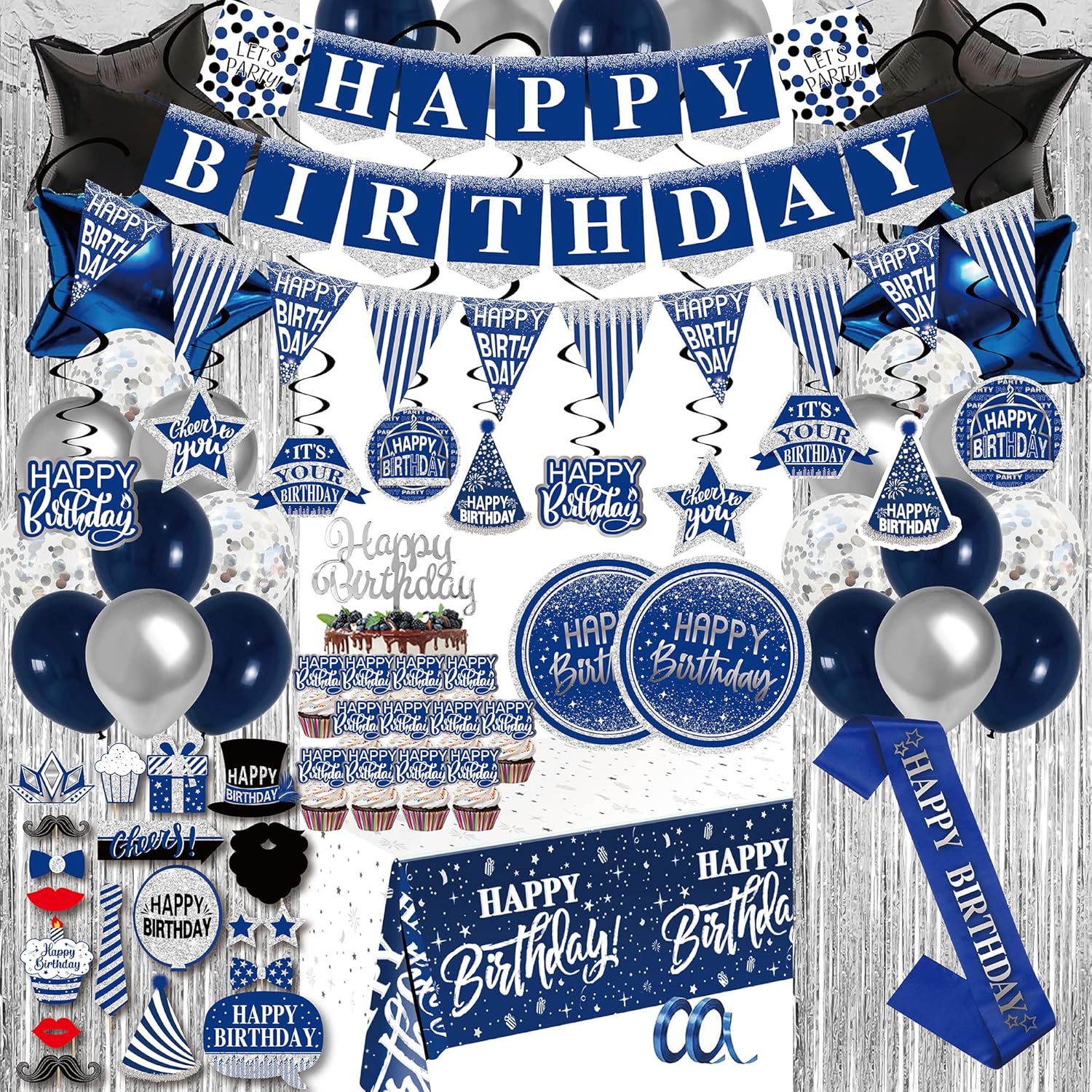 Birthday Decorations for Men Blue - 89pcs Set