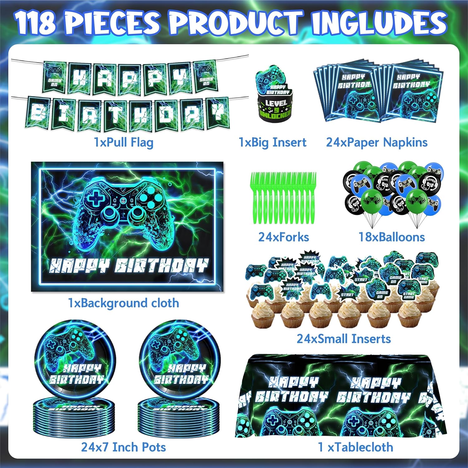 118PCS Neon Gaming Party Decorations Set