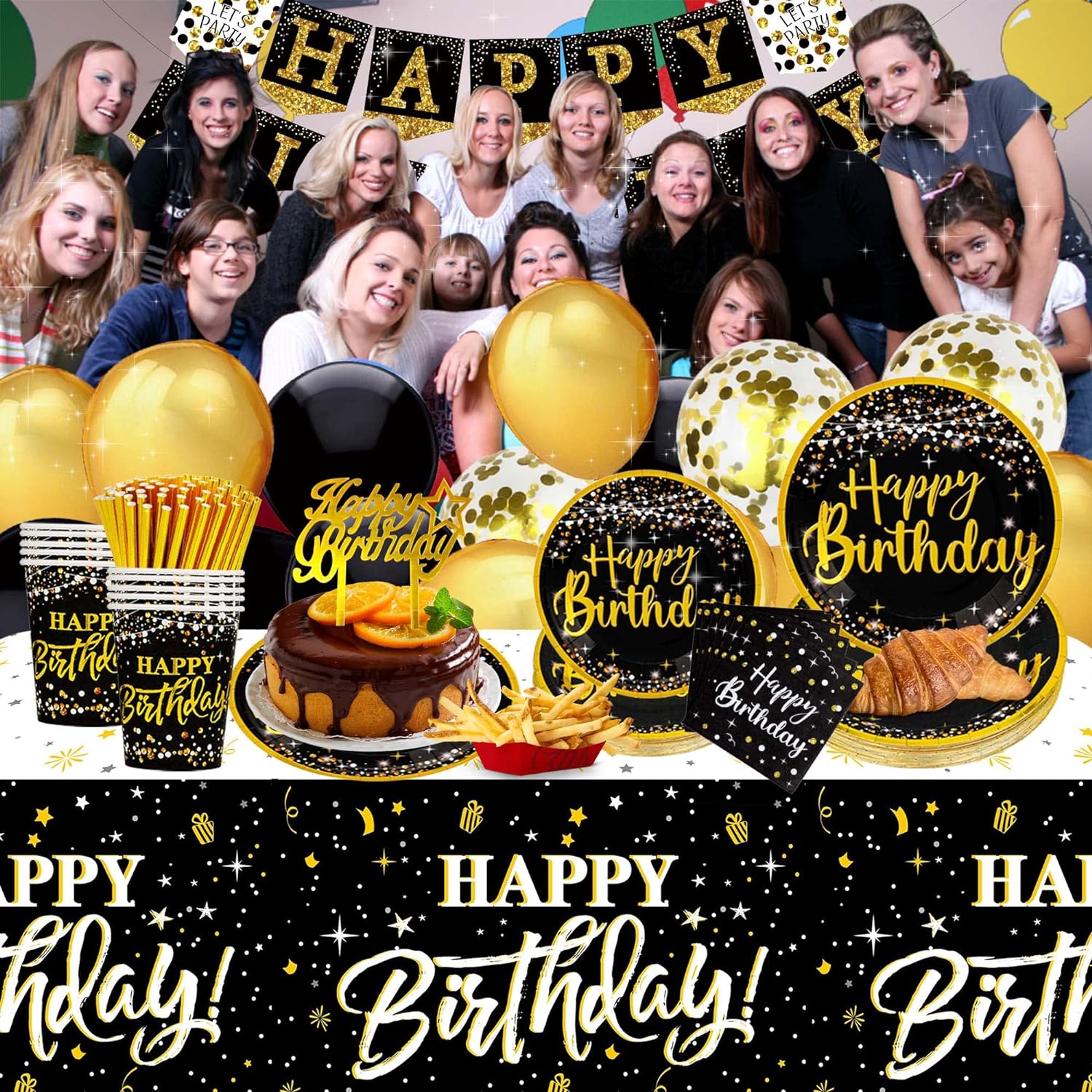 Black and Gold Birthday Decorations 169pcs for 24 Guests