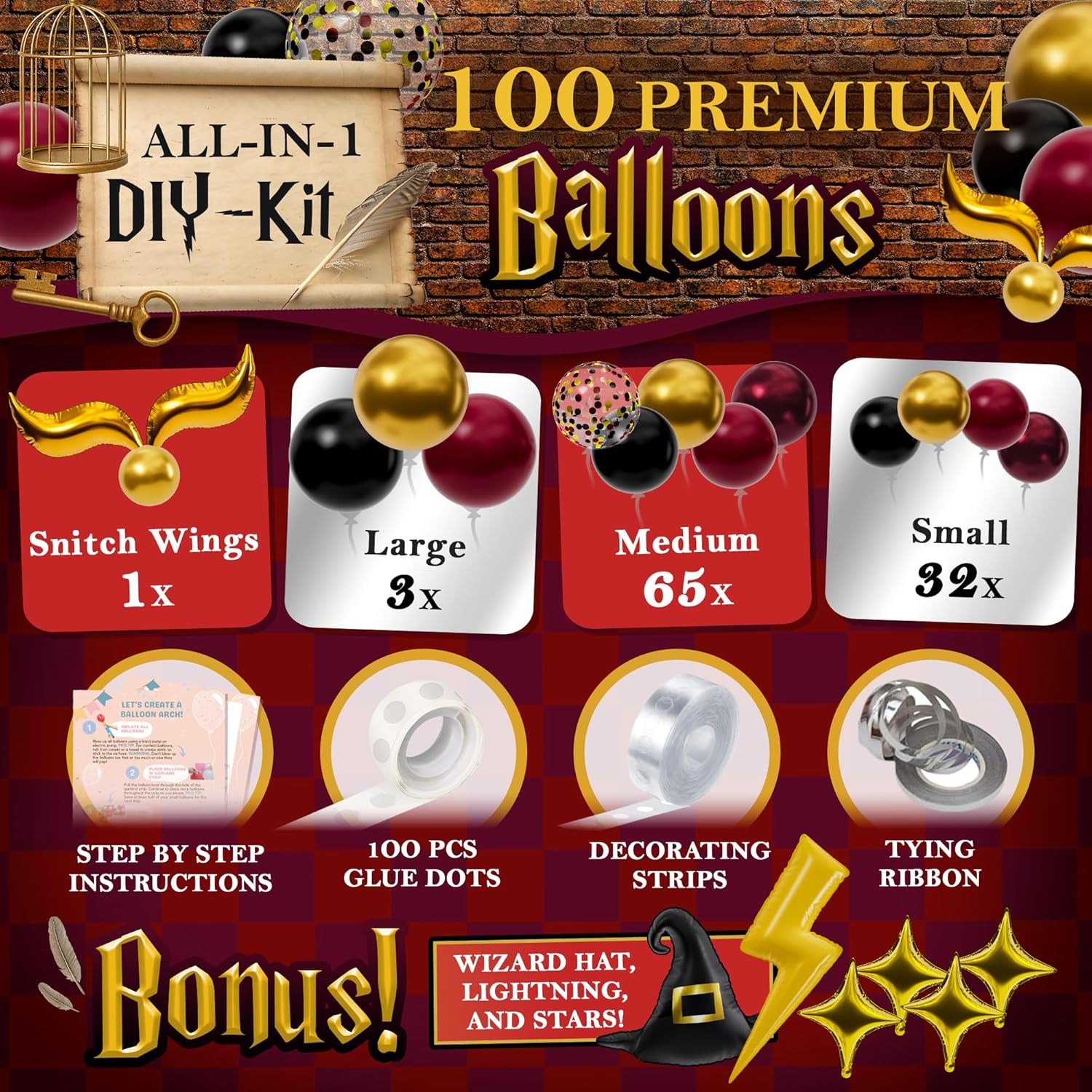 Magical Wizard Balloons Garland Arch Kit with Hat Wings Lightnings Stars