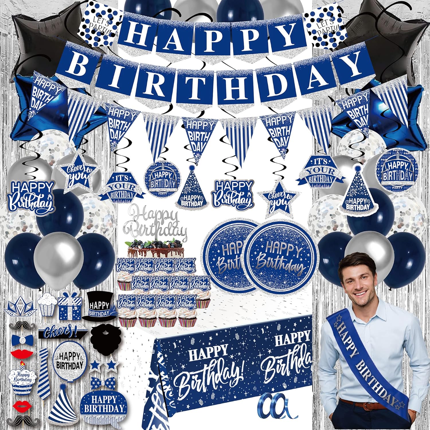 Birthday Decorations for Men Blue - 89pcs Set