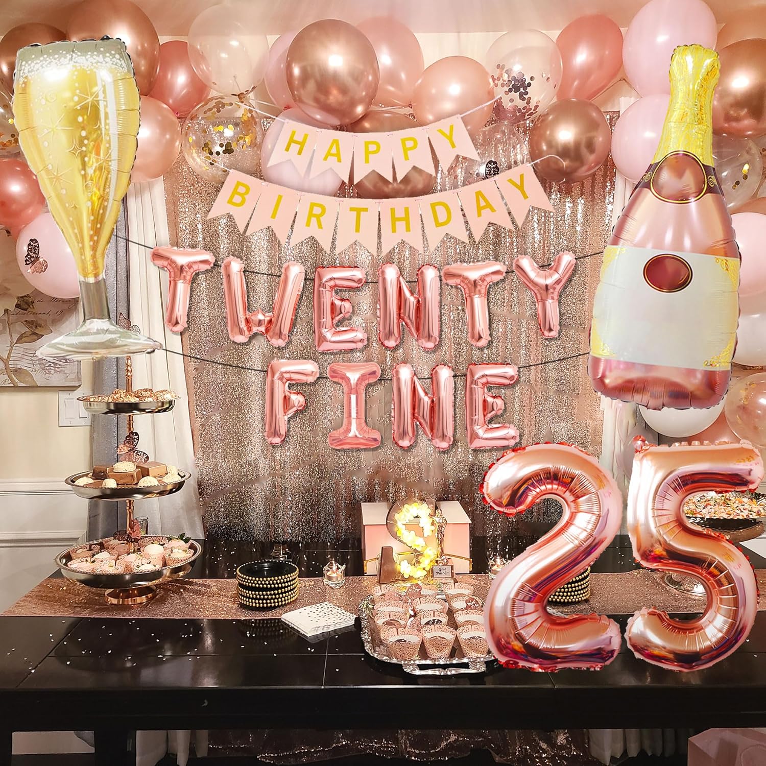 LaVenty Rose Gold 25th Birthday Balloons - Funny Happy Birthday Decoration