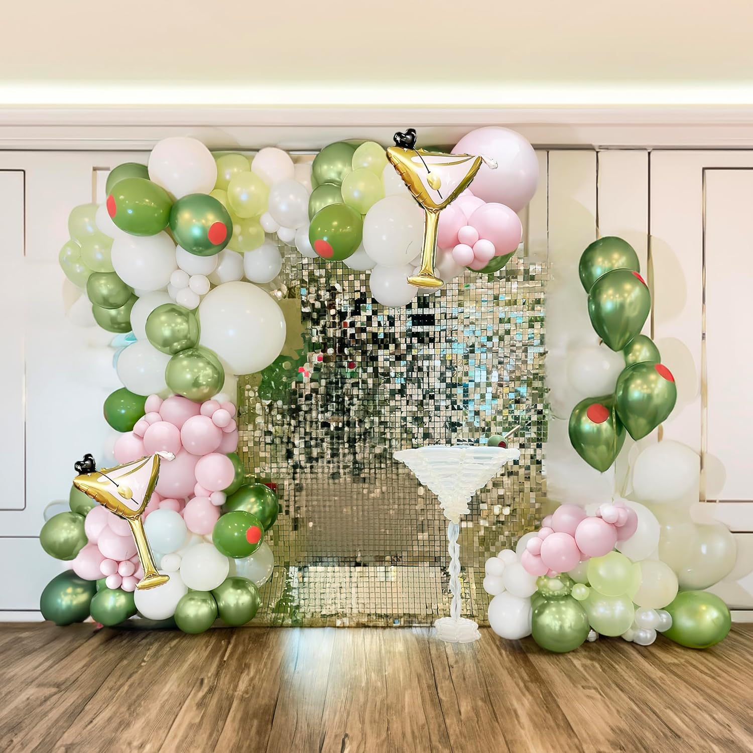 Martini Birthday Balloon Garland Kit 136Pcs Olive Green Pink White with Metallic Lime