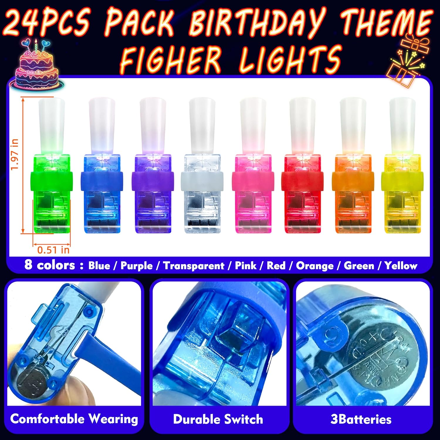 24PCS Neon Birthday LED Finger Lights Party Favors
