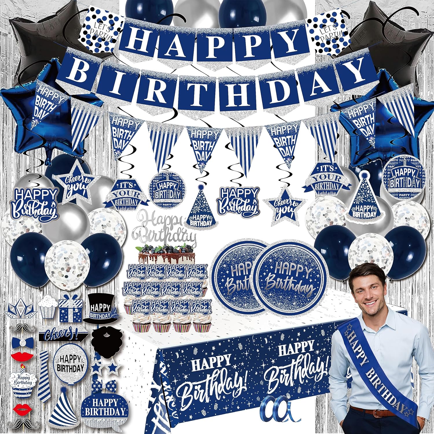 Birthday Decorations for Men Blue - 89pcs Set