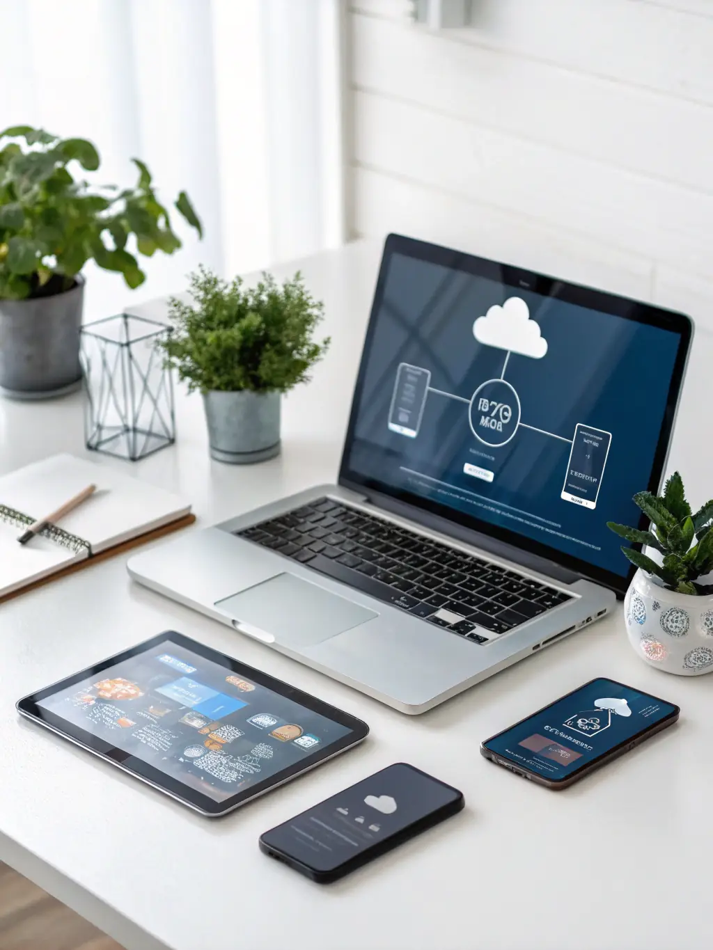 A high-tech image of interconnected devices and cloud infrastructure, illustrating AISTOTECH LTD's comprehensive approach to technology consulting.