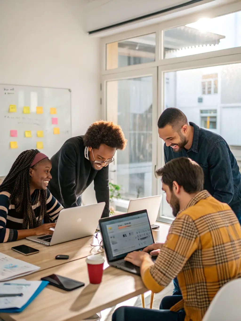 A professional photo showcasing a diverse team of AISTOTECH LTD consultants collaborating in a modern office environment, brainstorming AI implementation strategies.
